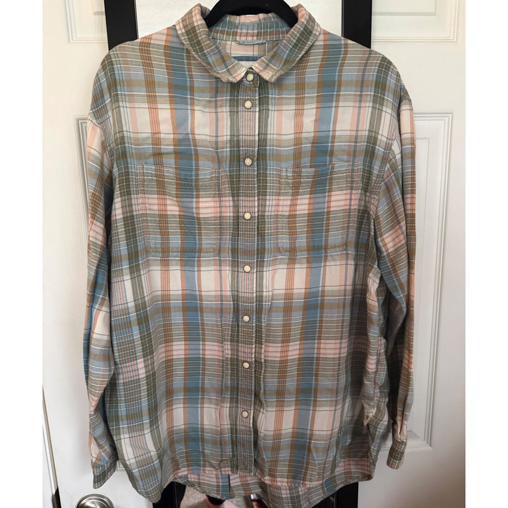American Eagle Plaid Button Down Shirt Blue Pink Olive Snap Front Women Medium